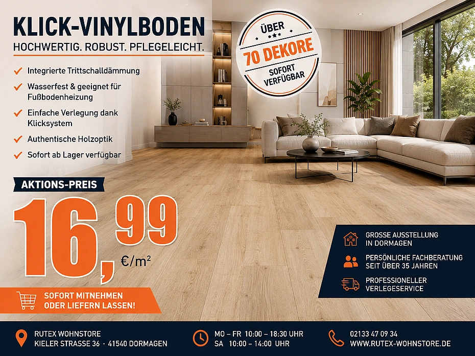Klick-Vinylboden Aktionsangebot 16,99 €/m² – über 70 Dekore sofort verfügbar bei Rutex Wohnstore Dormagen
