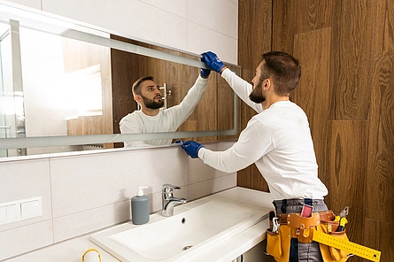 Illustration - Ihr Experte für schönes Wohnen - Handwerker installiert Spiegelschrank mit Beleuchtung im Badezimmer.